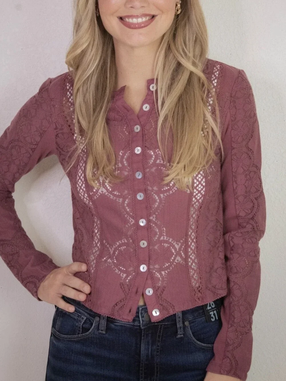 NEW FREE PEOPLE Jae lace knit long sleeve top in crushed berry XS X-SM